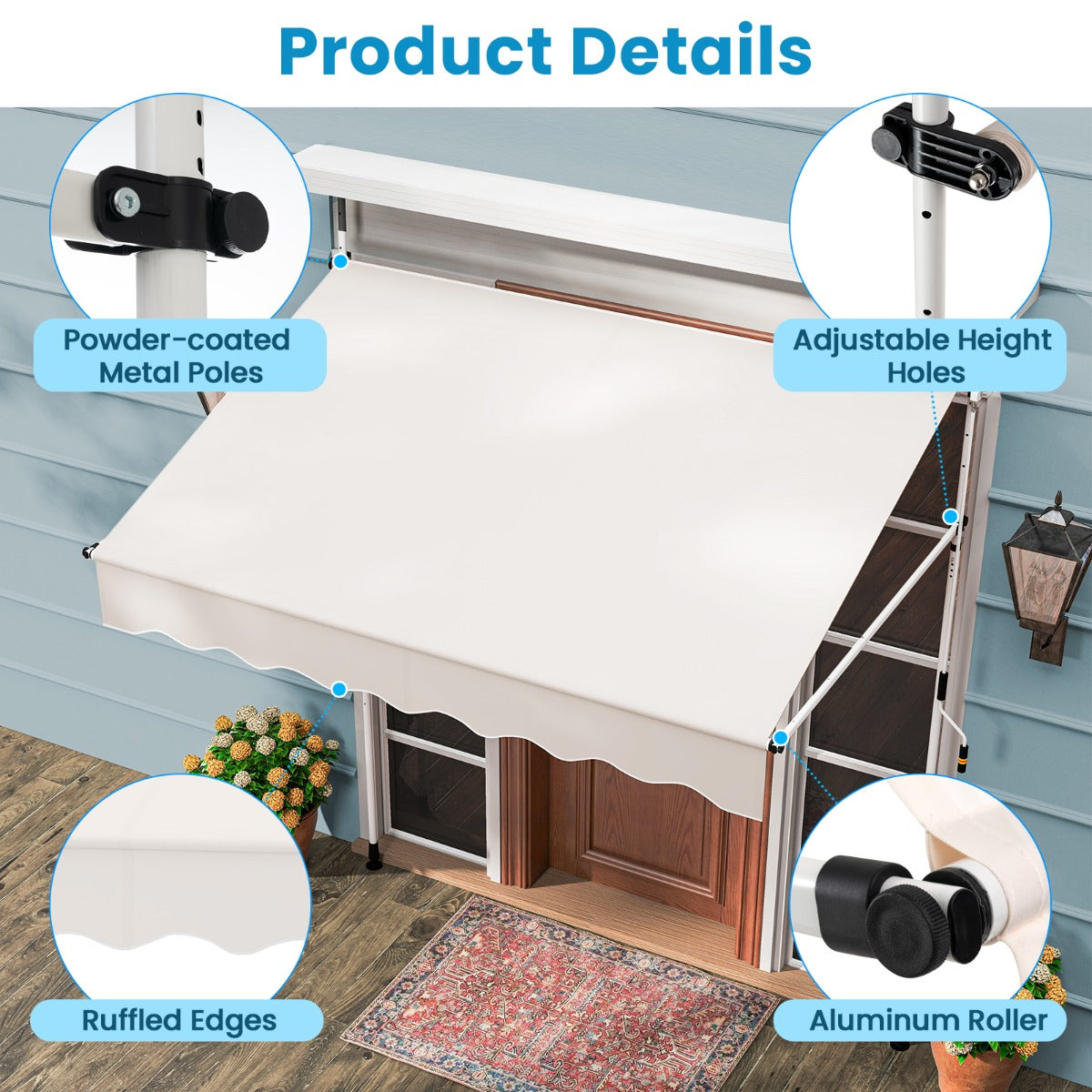 LIVSK Handmatig Retractable Zonnescherm - Hoogte 210-300 cm - UV-bestendig - Waterafstotend Polyester - Eenvoudige Montage - Wit
