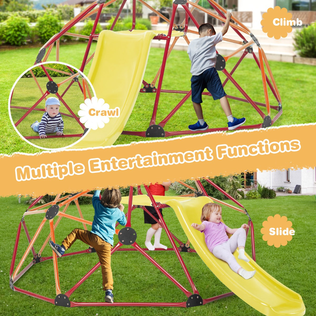 LIVSK Klimkoepel met Glijbaan - Activiteitencentrum voor Kinderen - Max. 181,5 kg - Veiligheidsleuningen - Oranje Rood