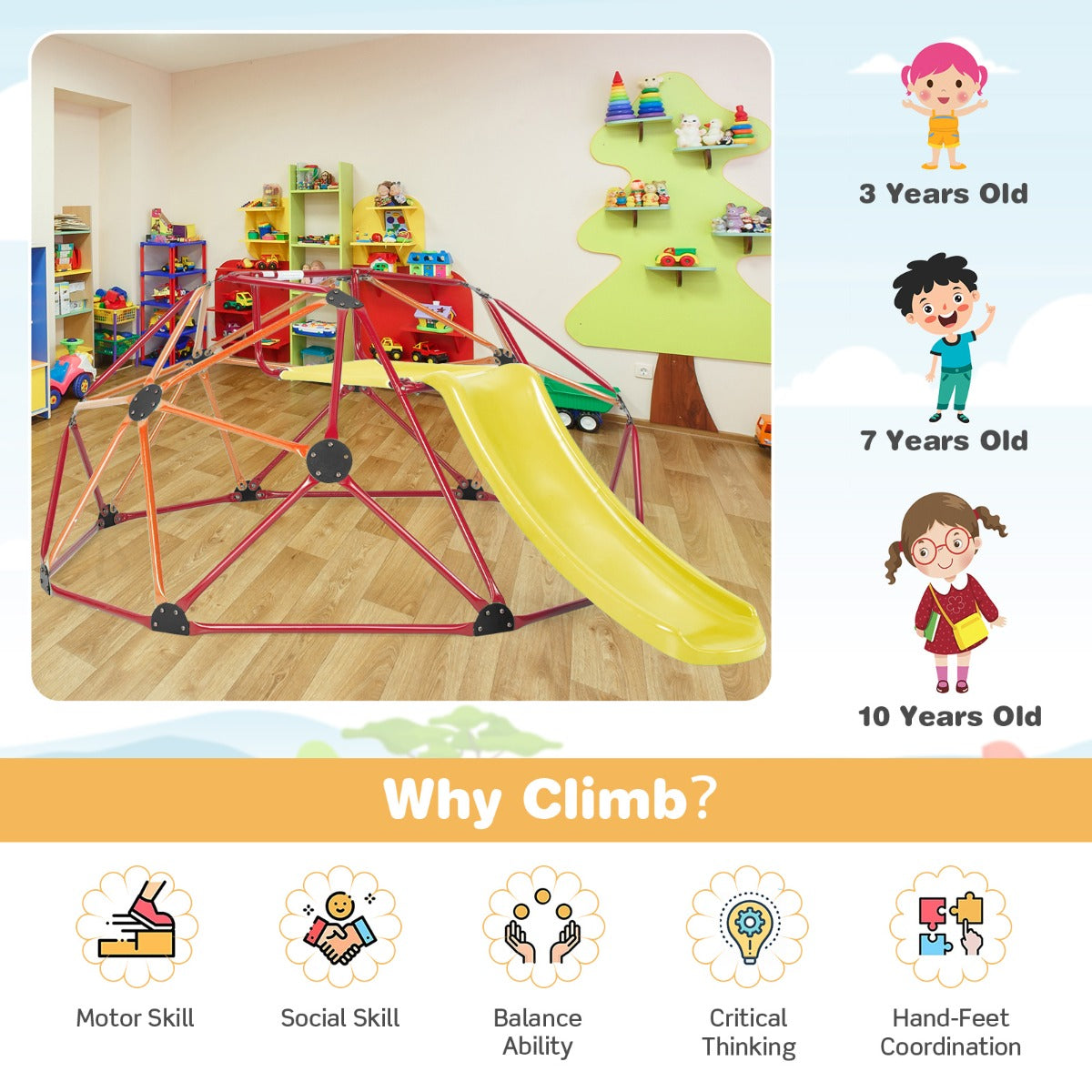 LIVSK Klimkoepel met Glijbaan - Activiteitencentrum voor Kinderen - Max. 181,5 kg - Veiligheidsleuningen - Oranje Rood