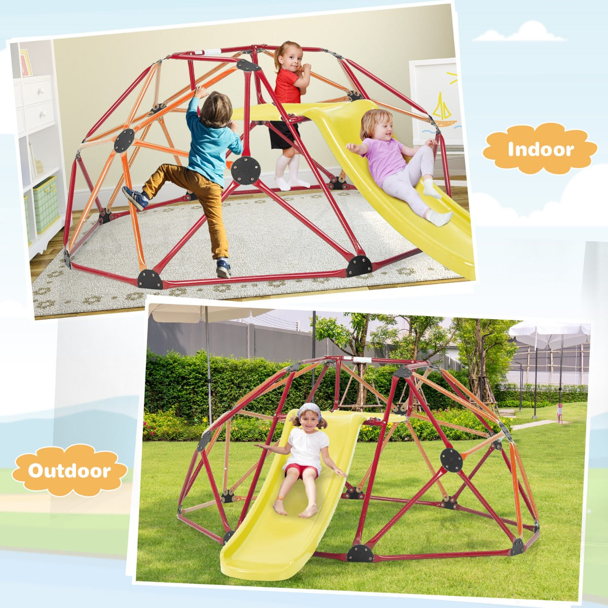 LIVSK Klimkoepel met Glijbaan - Activiteitencentrum voor Kinderen - Max. 181,5 kg - Veiligheidsleuningen - Oranje Rood