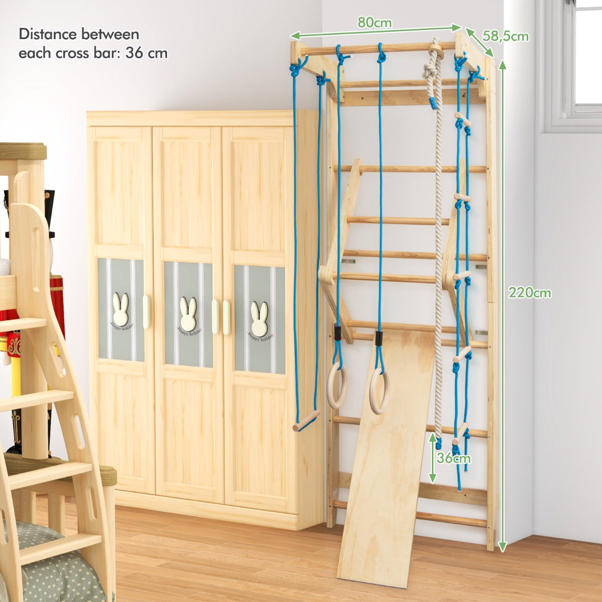Livsk costway klimrekjes turnmuur 100kg inclusief bevestigingsmateriaal hout natuurlijke houtkleur 80 x 60 x 220cm 1 1