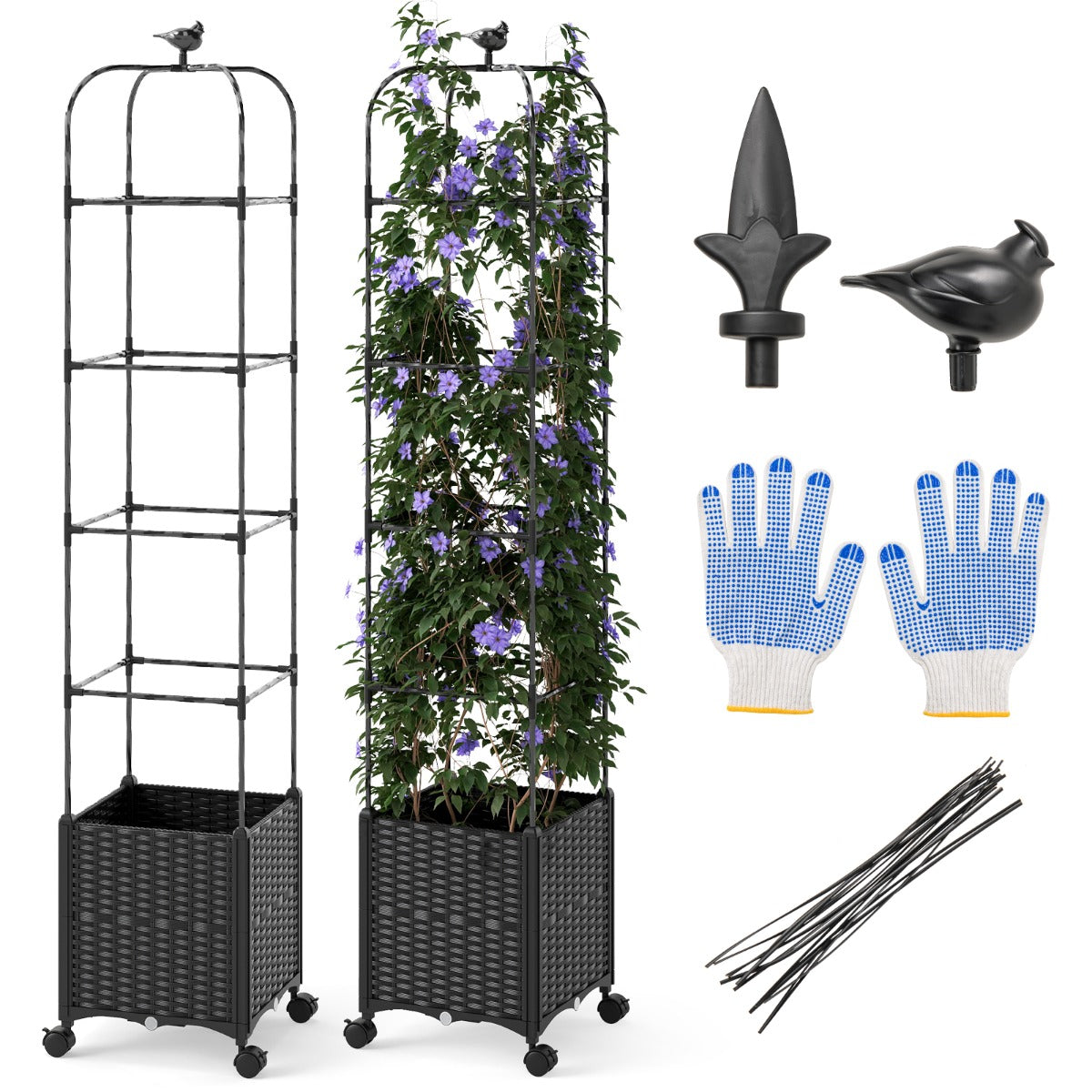 LIVSK 2-in-1 Verhoogd Bed met Klimsteun en Plantenbak - Zelfbewaterend - Verstelbare Hoogte - Duurzaam - 40 x 40 x 211 cm - Zwart