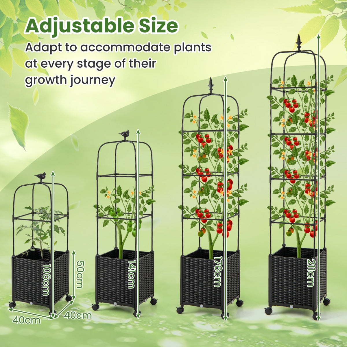 LIVSK 2-in-1 Verhoogd Bed met Klimsteun en Plantenbak - Zelfbewaterend - Verstelbare Hoogte - Duurzaam - 40 x 40 x 211 cm - Zwart
