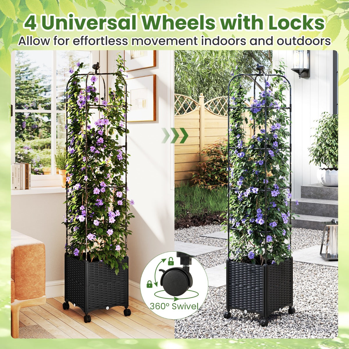 LIVSK 2-in-1 Verhoogd Bed met Klimsteun en Plantenbak - Zelfbewaterend - Verstelbare Hoogte - Duurzaam - 40 x 40 x 211 cm - Zwart