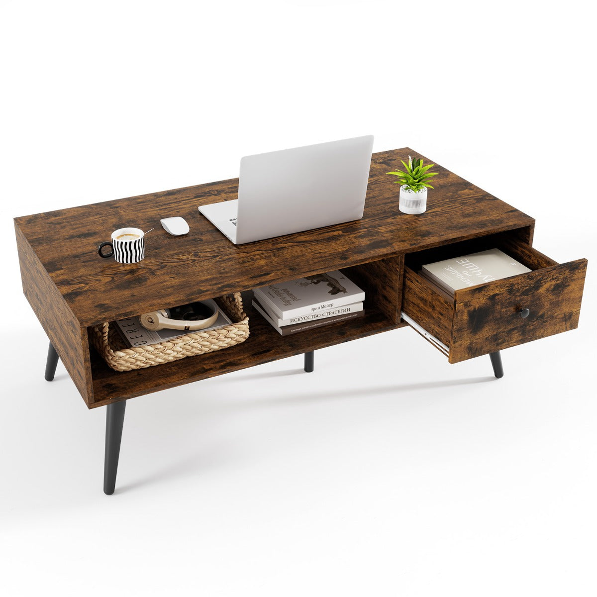 LIVSK Salontafel - Rustiek Bruin met Lade en Open Opbergrek - Stevige Metalen Poten - Tot 70 kg - 109 x 55 x 44,5 cm - Rustiek