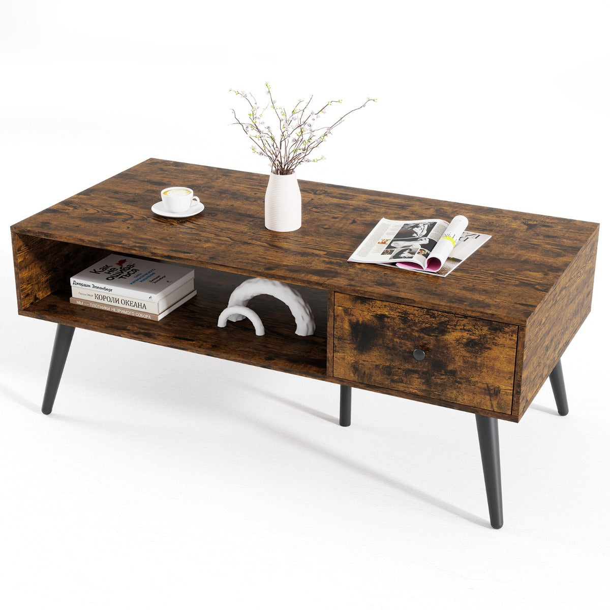 LIVSK Salontafel - Rustiek Bruin met Lade en Open Opbergrek - Stevige Metalen Poten - Tot 70 kg - 109 x 55 x 44,5 cm - Rustiek
