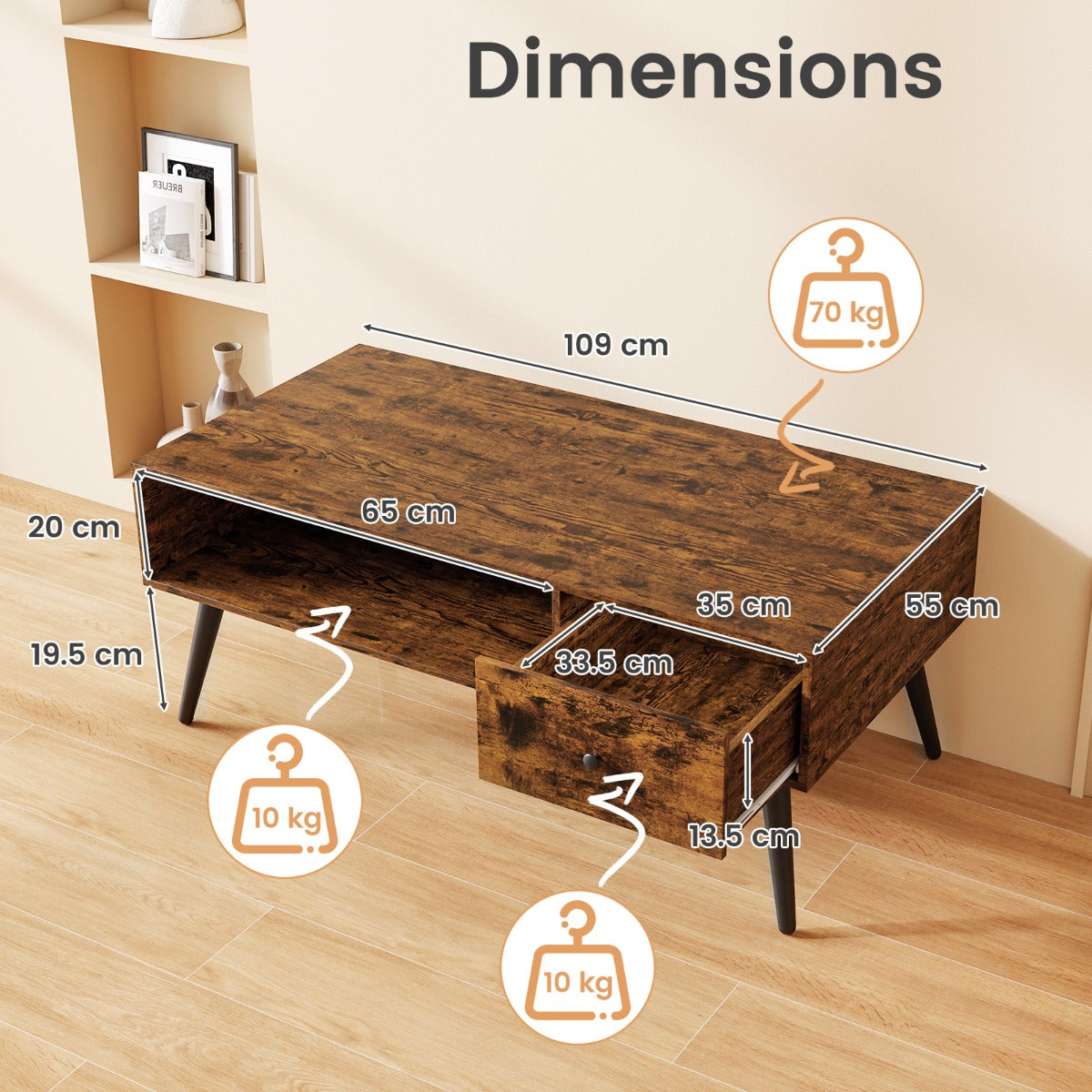 LIVSK Salontafel - Rustiek Bruin met Lade en Open Opbergrek - Stevige Metalen Poten - Tot 70 kg - 109 x 55 x 44,5 cm - Rustiek