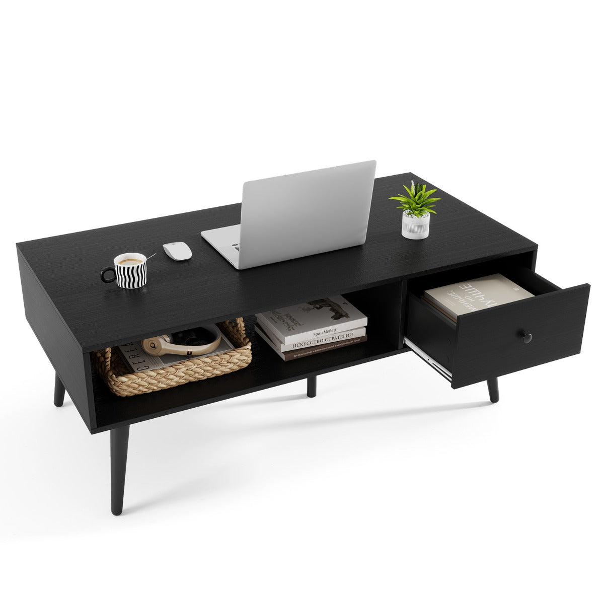 LIVSK Salontafel met Lade en Opbergrek - Stevige Metalen Poten - Waterdicht en Slijtvast - Modern Design - Zwart