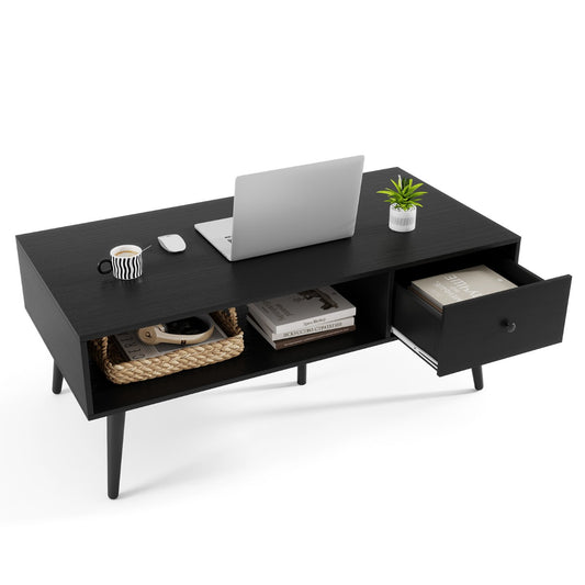 LIVSK Salontafel met Lade en Opbergrek - Stevige Metalen Poten - Waterdicht en Slijtvast - Modern Design - Zwart