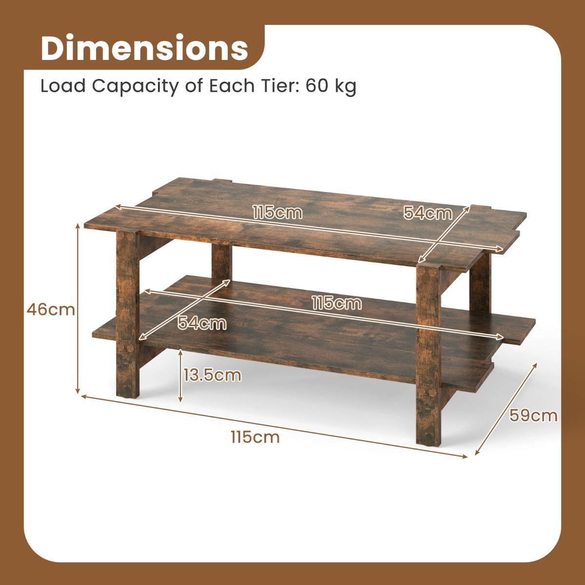 LIVSK Salontafel met Opbergplank - Tweelaags Ontwerp - Stevig Composiet Hout - Draagvermogen 120 kg - Walnoot