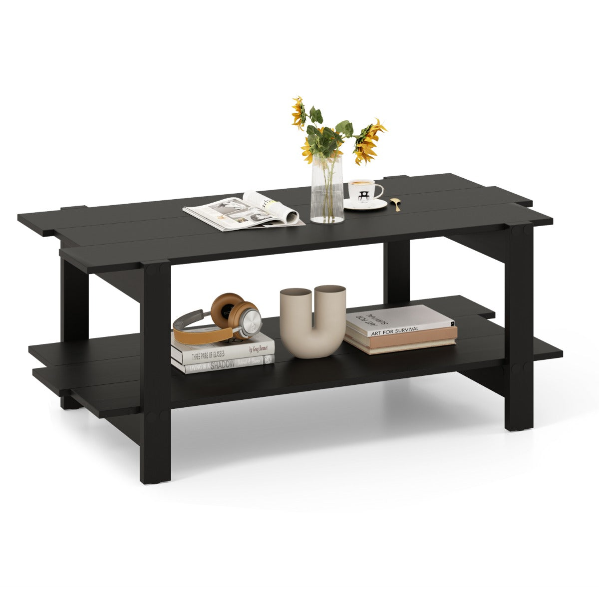 LIVSK Salontafel met Opbergplank - Twee Niveaus - Draagvermogen 120 kg - Houten Frame - Elegant Lamellenoppervlak - Walnoot/Zwart