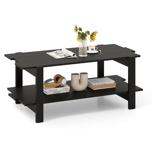 LIVSK Salontafel met Opbergplank - Twee Niveaus - Draagvermogen 120 kg - Houten Frame - Elegant Lamellenoppervlak - Walnoot/Zwart