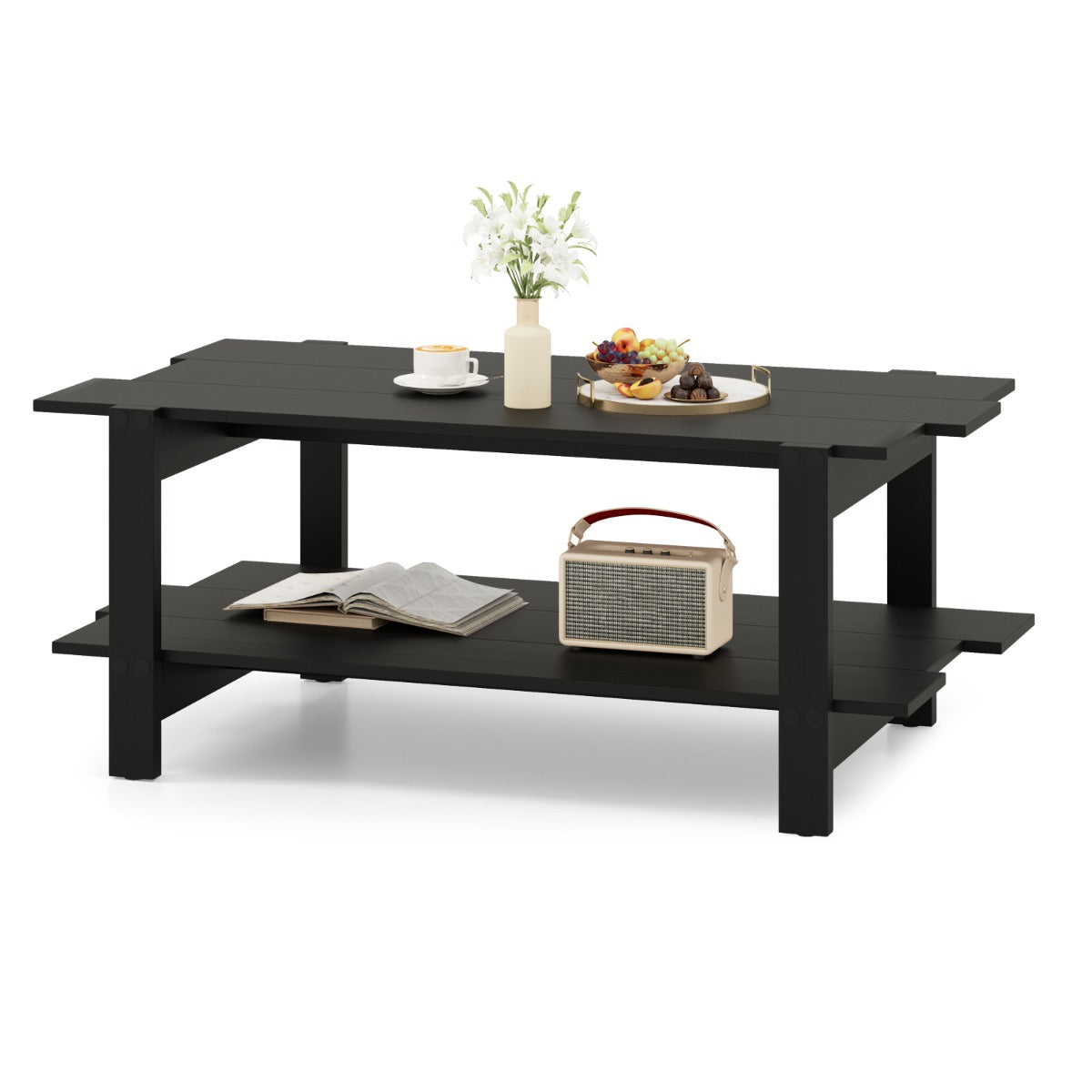 LIVSK Salontafel met Opbergplank - Twee Niveaus - Draagvermogen 120 kg - Houten Frame - Elegant Lamellenoppervlak - Walnoot/Zwart