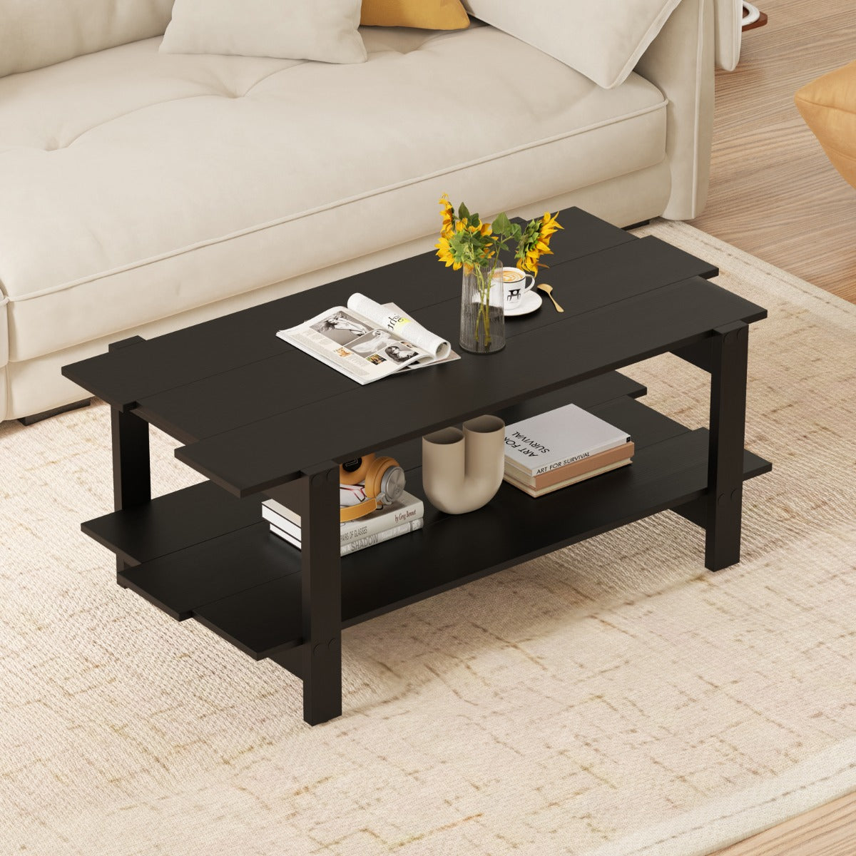 LIVSK Salontafel met Opbergplank - Twee Niveaus - Draagvermogen 120 kg - Houten Frame - Elegant Lamellenoppervlak - Walnoot/Zwart