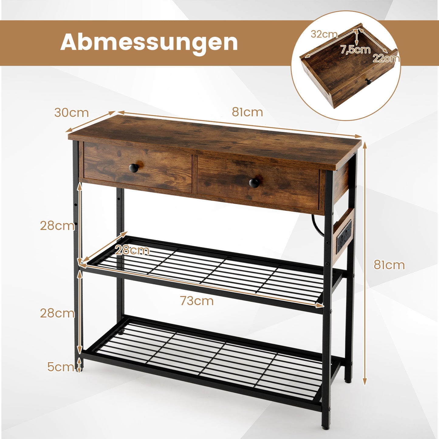 LIVSK Console Tafel met Oplaadstation - 2 Lades - Metalen Gaasplanken - Stabiliteit - 81 x 30 x 81 cm - Rustiek bruin
