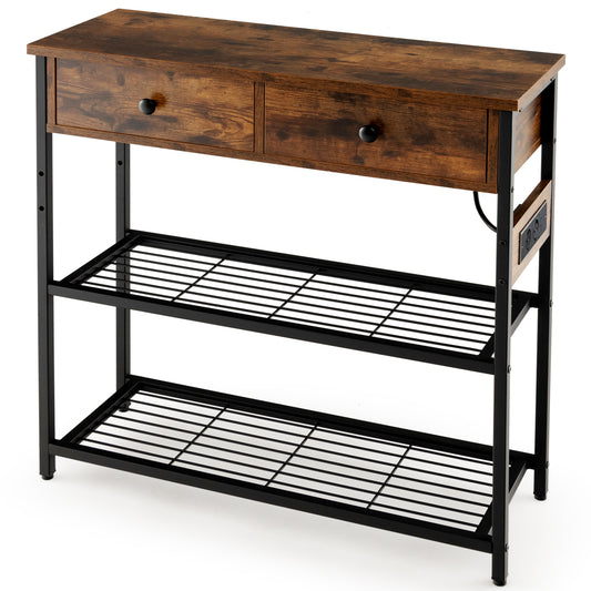 LIVSK Console Tafel met Oplaadstation - 2 Lades - Metalen Gaasplanken - Stabiliteit - 81 x 30 x 81 cm - Rustiek bruin