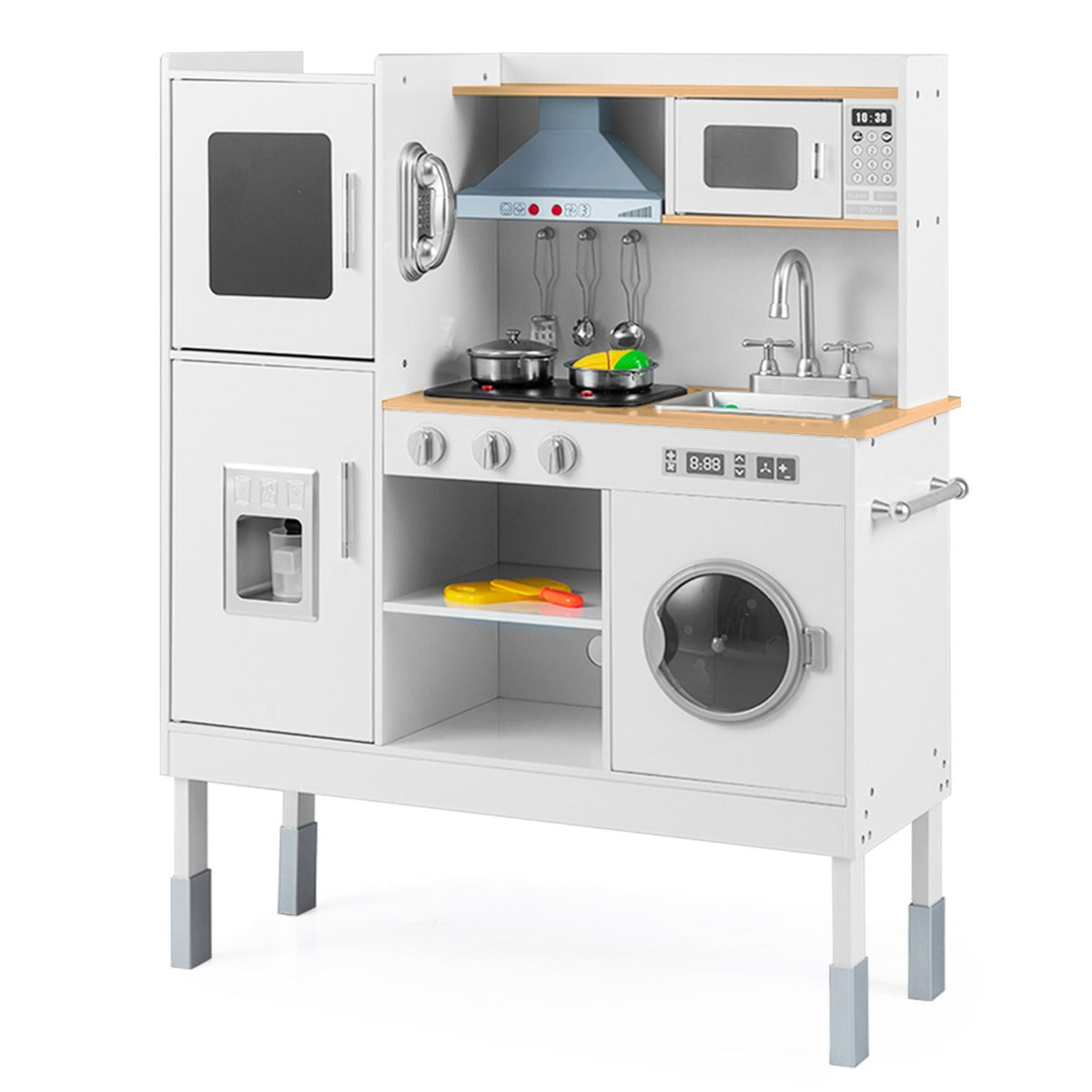 Livsk costway kookset voor kinderen keukenspeelgoed met afzuigkap ijsblokjesmachine en telefoon houten keuken naturel 1 1