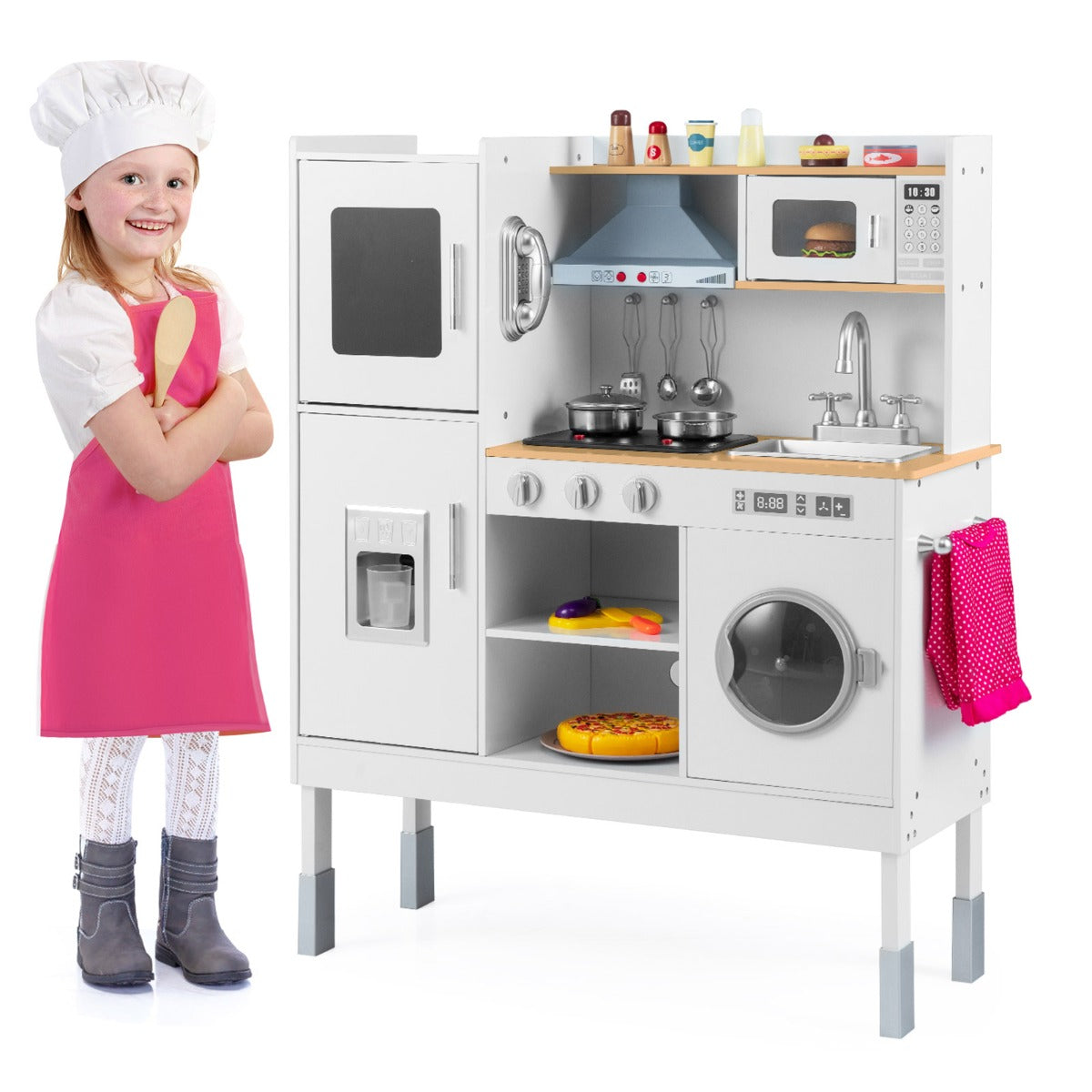 Livsk costway kookset voor kinderen keukenspeelgoed met afzuigkap ijsblokjesmachine en telefoon houten keuken naturel