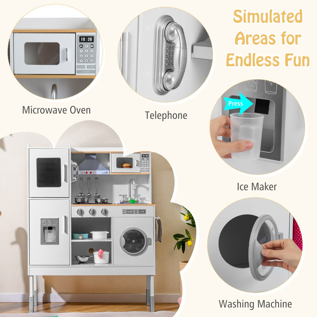 Livsk costway kookset voor kinderen keukenspeelgoed met afzuigkap ijsblokjesmachine en telefoon houten keuken naturel 6