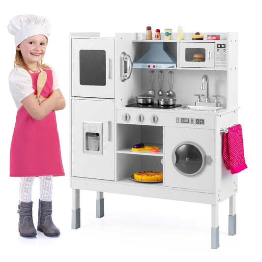 Livsk costway kookset voor kinderen keukenspeelgoed met afzuigkap ijsblokjesmachine en telefoon houten keuken wit