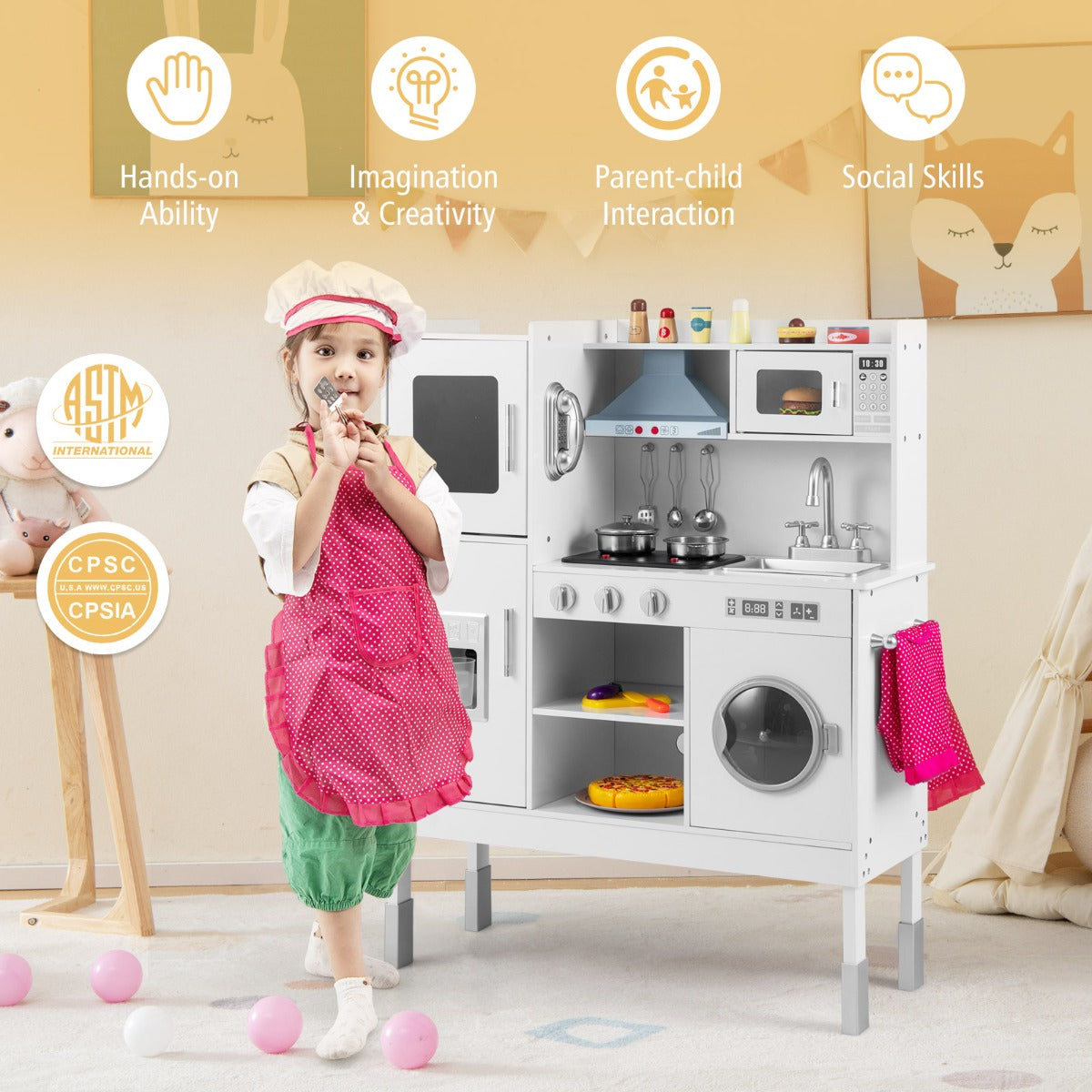 Livsk costway kookset voor kinderen keukenspeelgoed met afzuigkap ijsblokjesmachine en telefoon houten keuken wit 3