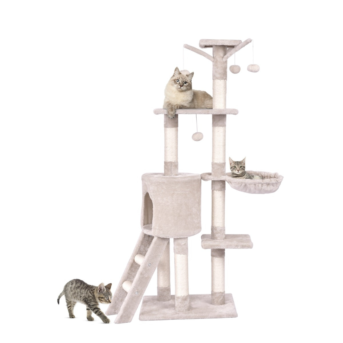 LIVSK Krabpaal voor Katten - 6 Verdiepingen - Zacht Pluche - Sisalpalen - Inclusief Speelbolletjes - 93 x 36 x 140 cm - Beige