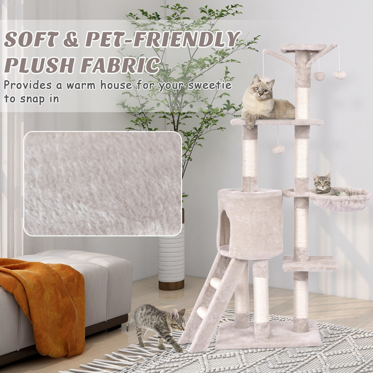 LIVSK Krabpaal voor Katten - 6 Verdiepingen - Zacht Pluche - Sisalpalen - Inclusief Speelbolletjes - 93 x 36 x 140 cm - Beige