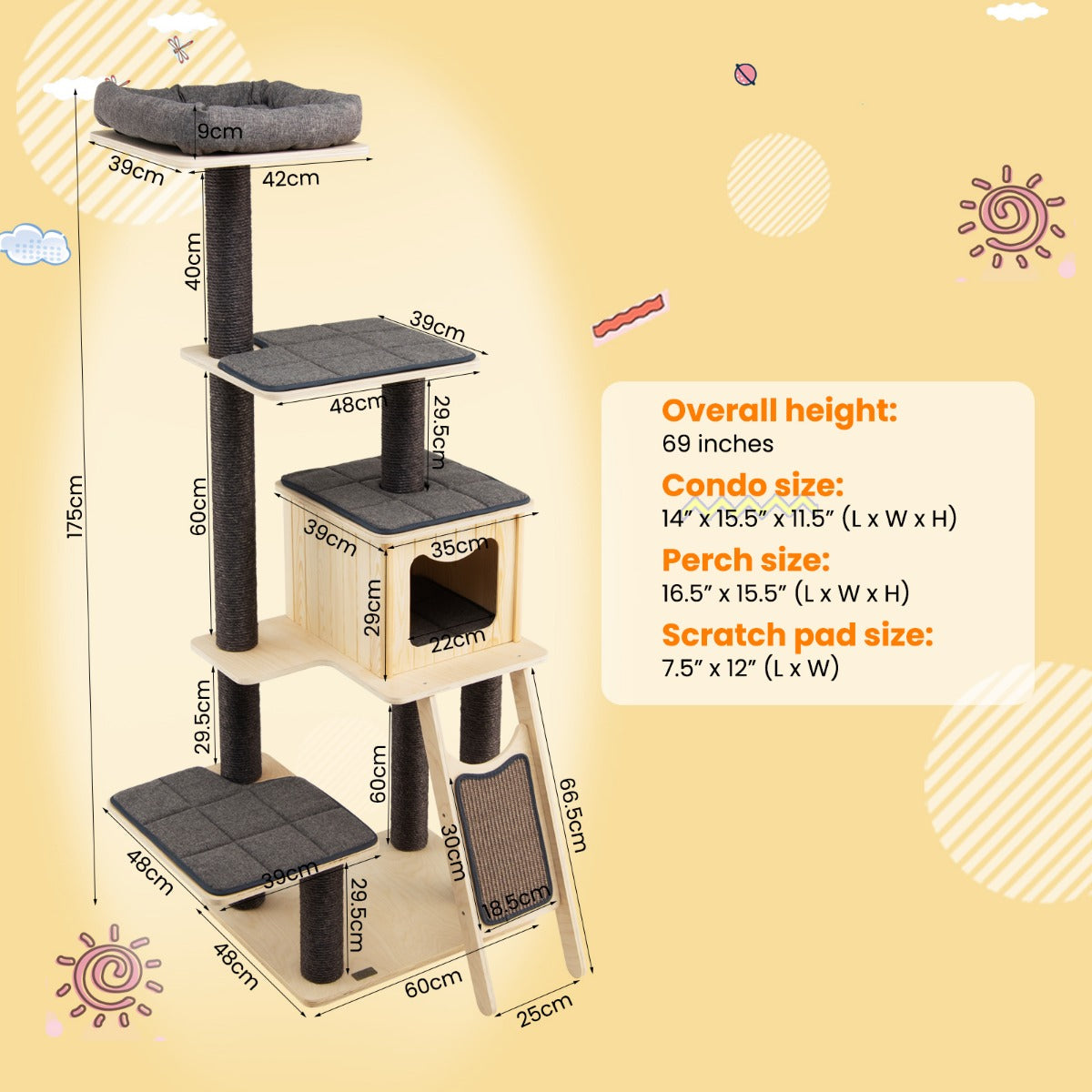 LIVSK Kattentoren 175 cm - Meerdere Niveaus met Krabplekken - Stabiele Constructie - Pluche Kussens - Grijs