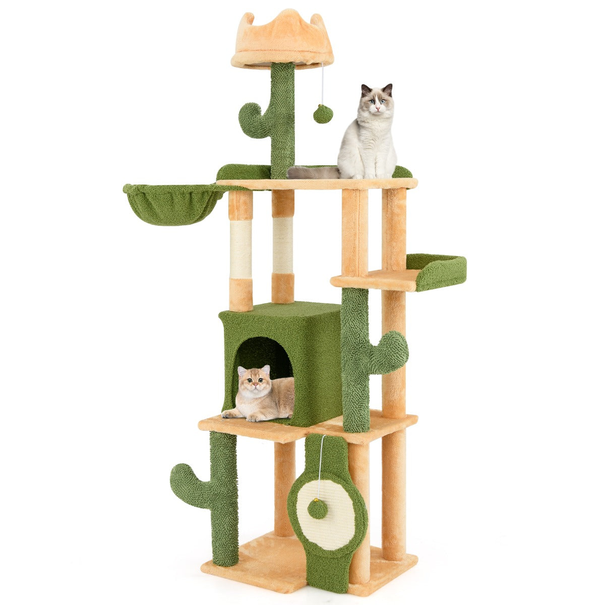 LIVSK Cactus Kattenboom 160 cm - Verhoogde Zitplaatsen - Knusse Grot - Sisalpalen - Ultiem Comfort - Groen & Oranje
