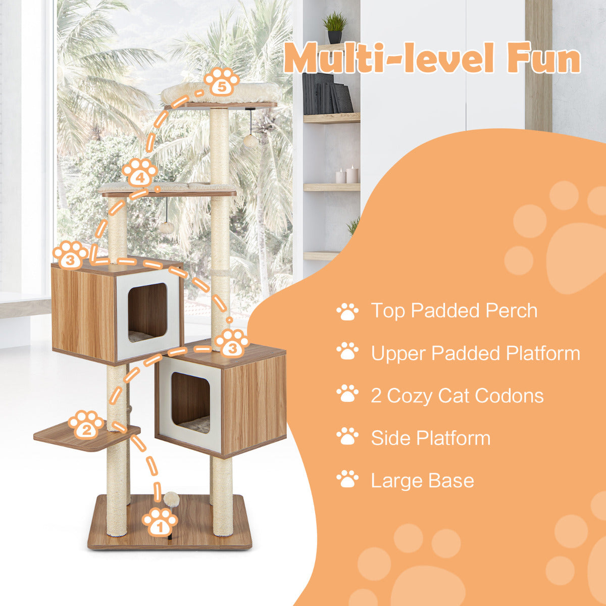 LIVSK Krabpaal 163 cm met 6 Verdiepingen - Luxe Holletjes - Zacht Kussen - Stabiliteit - Speelballen - Beige + Natuur