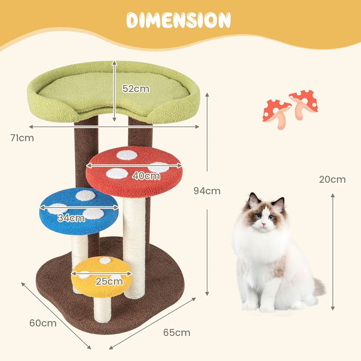LIVSK Kattenkrabpaal - Paddenstoellook - 5 Verdiepingen - Omwikkelde Sisalpalen - Hoogwaardige Teddystof - 94 cm - Grijs