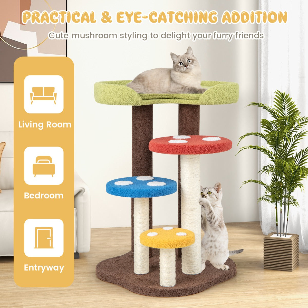 LIVSK Kattenkrabpaal - Paddenstoellook - 5 Verdiepingen - Omwikkelde Sisalpalen - Hoogwaardige Teddystof - 94 cm - Grijs
