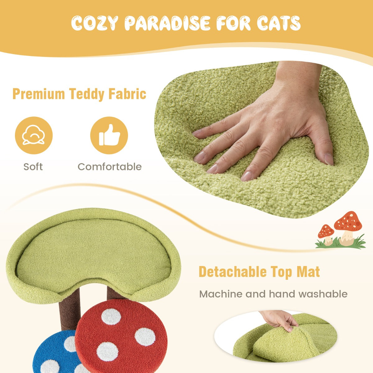 LIVSK Kattenkrabpaal - Paddenstoellook - 5 Verdiepingen - Omwikkelde Sisalpalen - Hoogwaardige Teddystof - 94 cm - Grijs