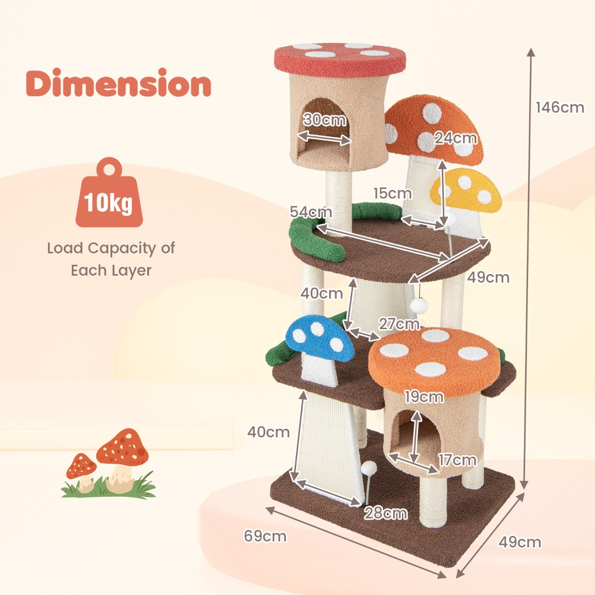 LIVSK Kattenkrabpaal - Paddenstoellook met Platforms - Natuurlijke Sisalstammen - Interactieve Ballen - 69 x 49 x 146 cm - Grijs