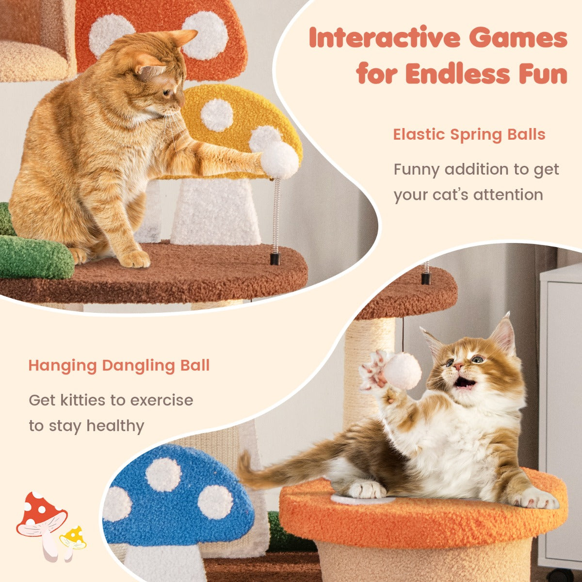 LIVSK Kattenkrabpaal - Paddenstoellook met Platforms - Natuurlijke Sisalstammen - Interactieve Ballen - 69 x 49 x 146 cm - Grijs