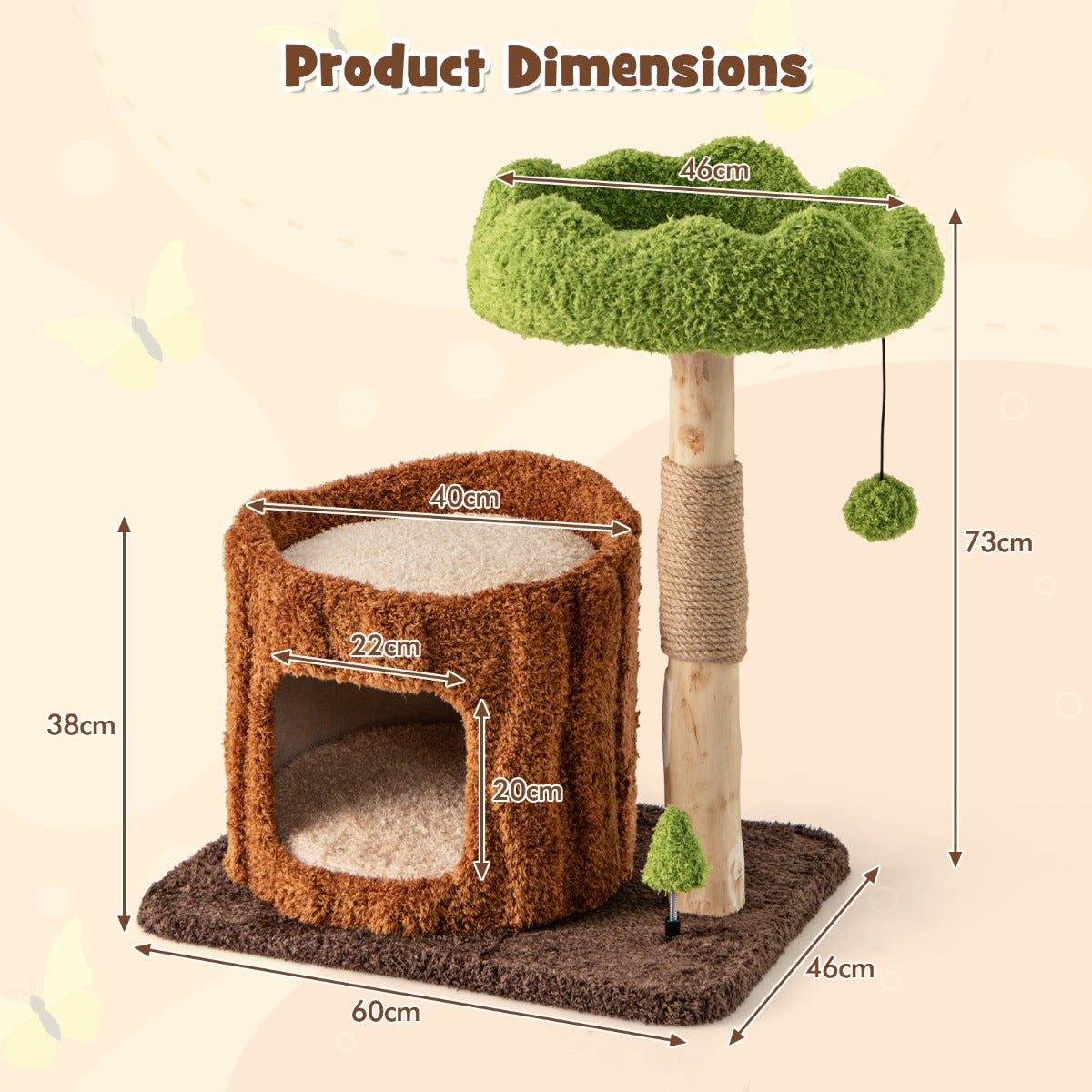 LIVSK Kattenboom - Breed Ligoppervlak - Privéhol - Hangende Bal - Sisal-Krabpaal - 60 x 46 x 73 cm - Bruin