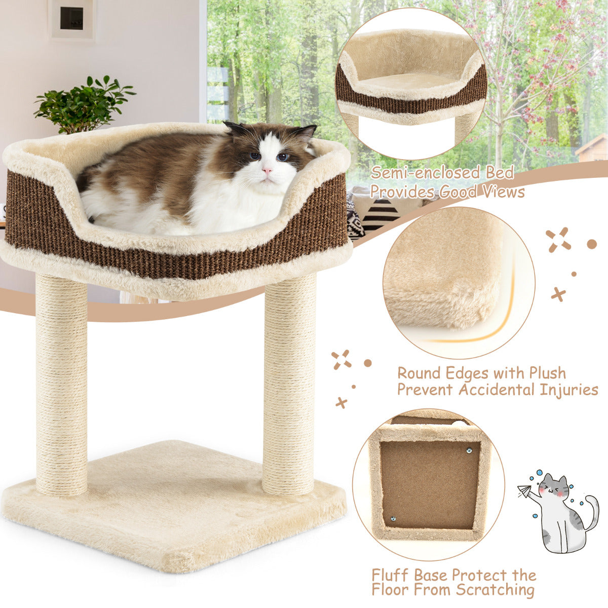LIVSK Kattenboom met Krabpalen - Luxe Zitvlak 39 x 39 cm - Duurzaam Pluche en Sisal - Eenvoudige Montage - Beige