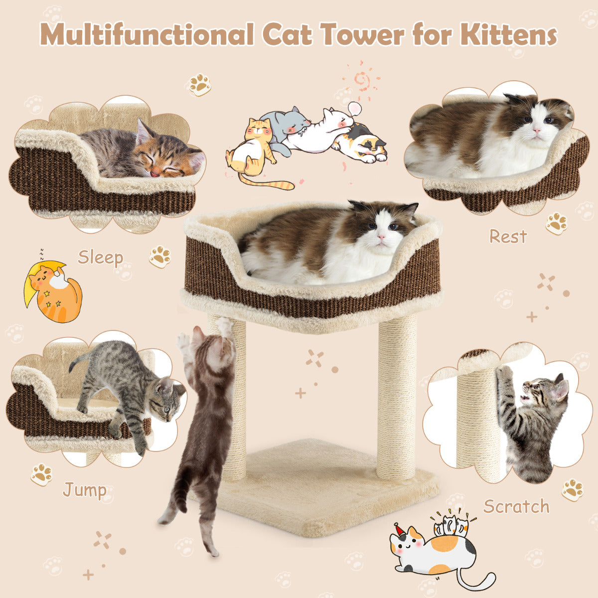 LIVSK Kattenboom met Krabpalen - Luxe Zitvlak 39 x 39 cm - Duurzaam Pluche en Sisal - Eenvoudige Montage - Beige