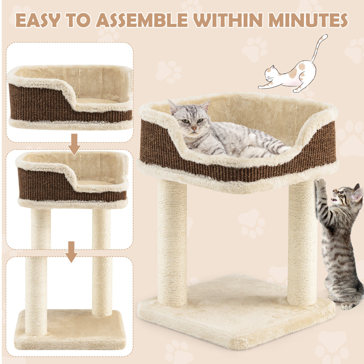 LIVSK Kattenboom met Krabpalen - Luxe Zitvlak 39 x 39 cm - Duurzaam Pluche en Sisal - Eenvoudige Montage - Beige