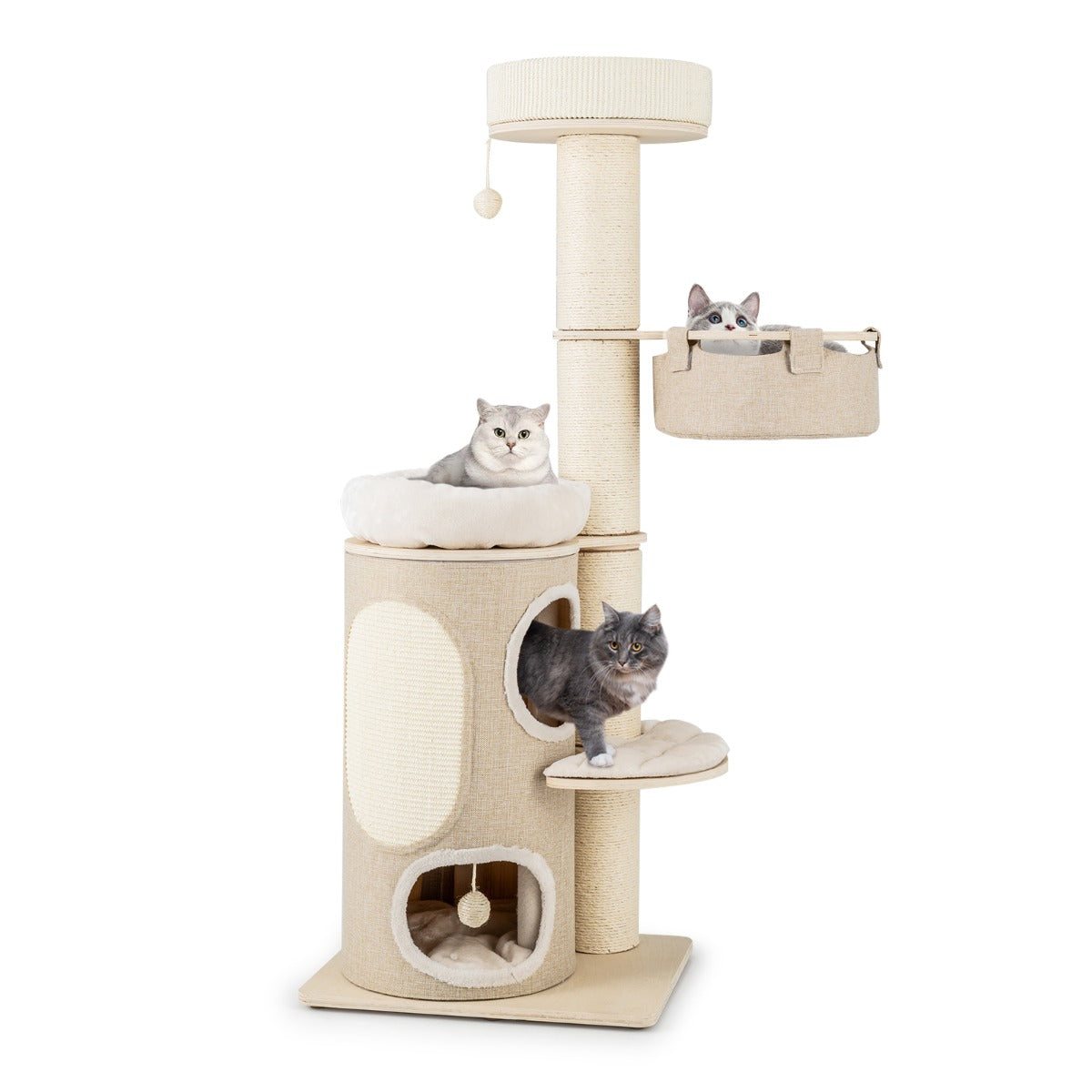 LIVSK Kattenboom met 2 Verdiepingen - Luxe Slaaphuis - Sisal Krabpalen - Afneembare Kussens - 58 x 48 x 154 cm - Natuurlijk