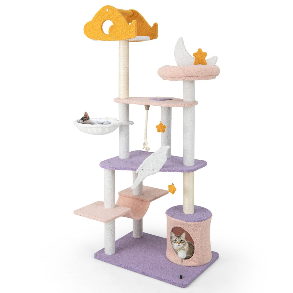 LIVSK Kattenkrabpaal met Hangmat en Pluche Zitting - Duurzaam en Veelzijdig Speelplezier - 68 x 48 x 167 cm - Paars en Roze