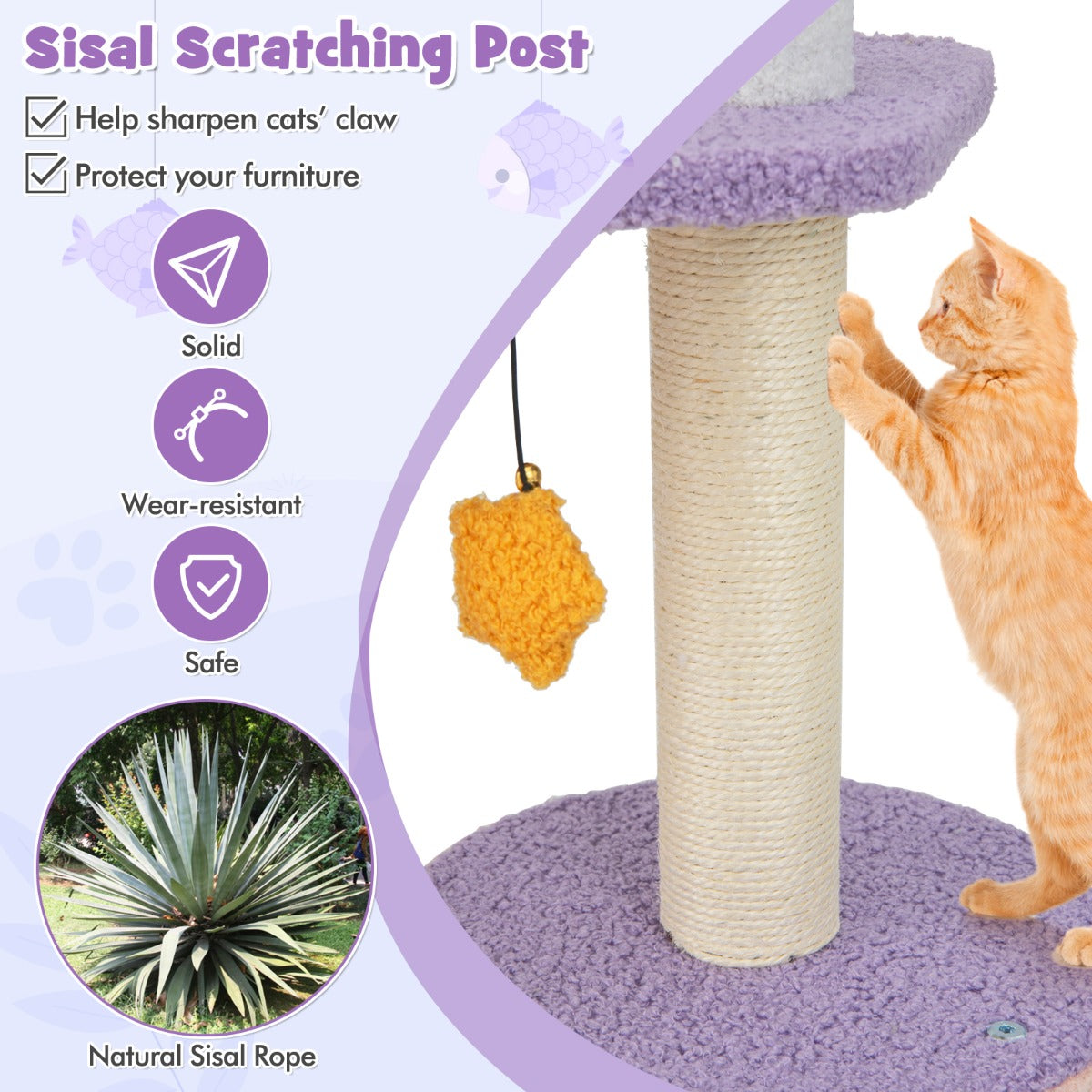 LIVSK Kattenkrabpaal met Hangmat en Pluche Zitting - Duurzaam en Veelzijdig Speelplezier - 68 x 48 x 167 cm - Paars en Roze