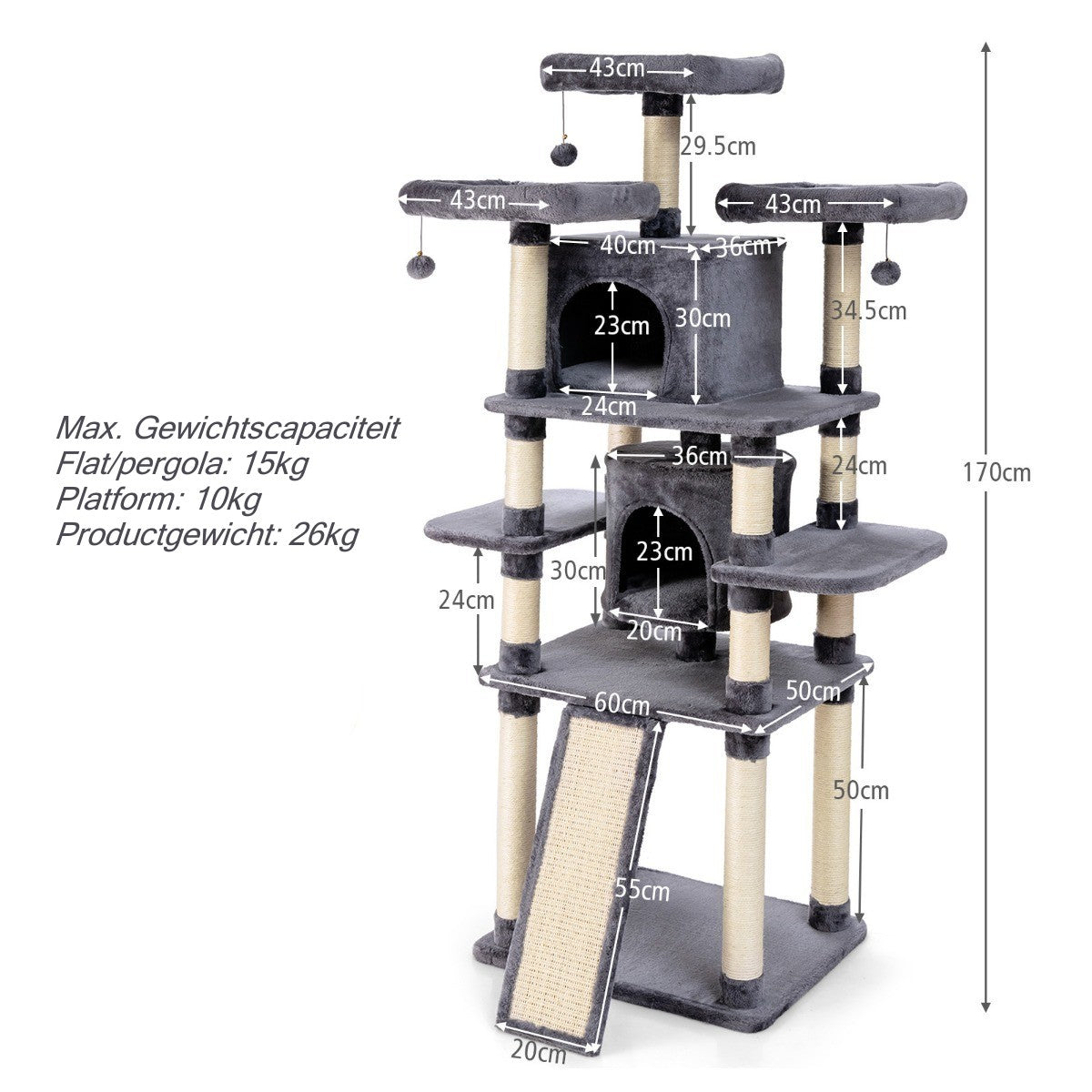 LIVSK Kattenboom met Meerdere Niveaus - Luxe Entertainmentplek - Krabpalen en Zitstokken - Stevige Constructie - 60 x 50 x 170 cm