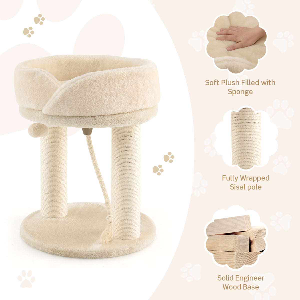 LIVSK Krabpaal voor Katten - 4-in-1 Speel- en Relaxplek - Sisalpalen en Pluche Zitje - Compact en Stabiel - Beige