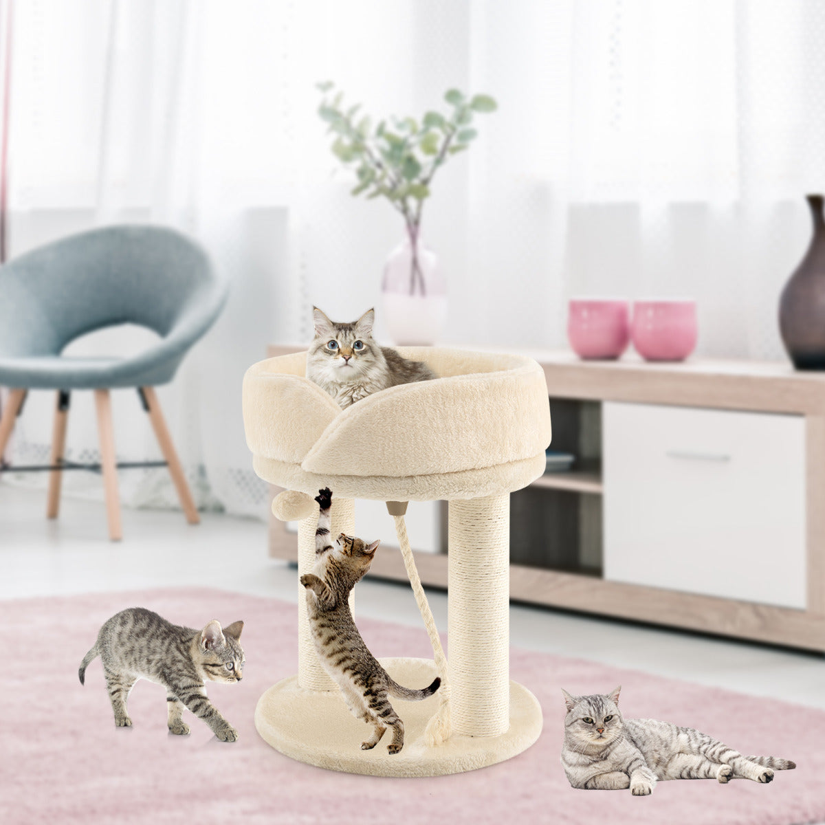 LIVSK Krabpaal voor Katten - 4-in-1 Speel- en Relaxplek - Sisalpalen en Pluche Zitje - Compact en Stabiel - Beige