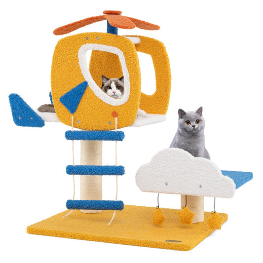 LIVSK Krabpaal met Helikopterthema - Twee Platforms - Sisal Krabzuil - Klimladder - Interactief Speelgoed - Blauw