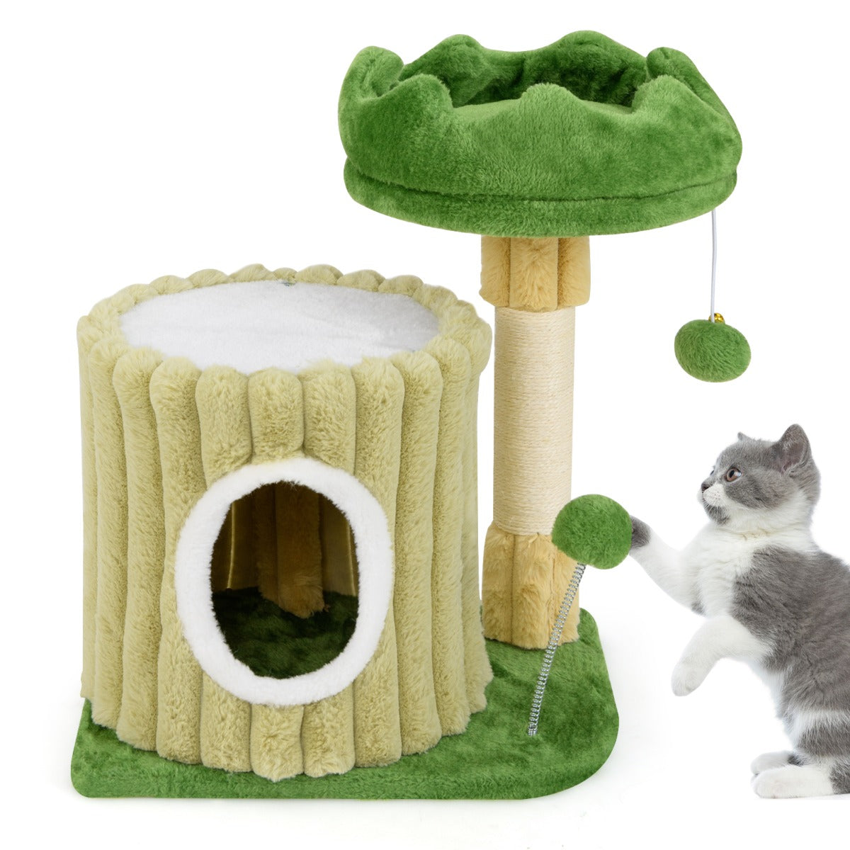 LIVSK Kattenkrabpaal - Gevoerd Platform - Sisal-Krabzuil - Gezellig Hol - Actief Speelgoed - 42 x 30 x 54 cm - Groen