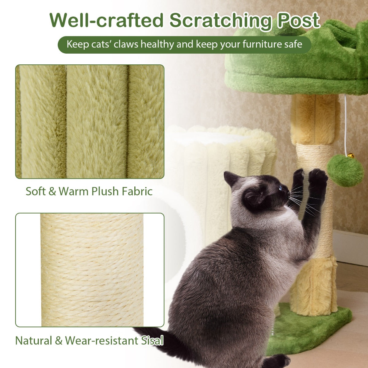 LIVSK Kattenkrabpaal - Gevoerd Platform - Sisal-Krabzuil - Gezellig Hol - Actief Speelgoed - 42 x 30 x 54 cm - Groen