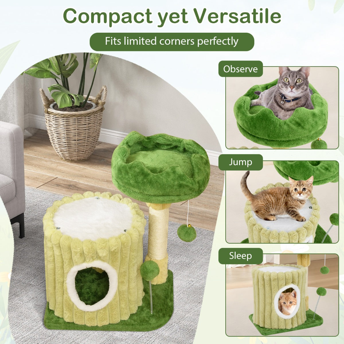 LIVSK Kattenkrabpaal - Gevoerd Platform - Sisal-Krabzuil - Gezellig Hol - Actief Speelgoed - 42 x 30 x 54 cm - Groen