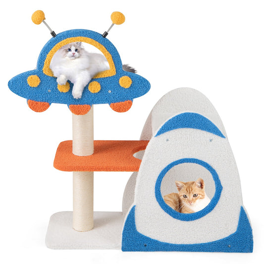 LIVSK thematische krabpaal - 4 verdiepingen met UFO-platform - Sisal-krabzuilen - Teddyplus bekleding - 80 x 33 x 87 cm - Blauw